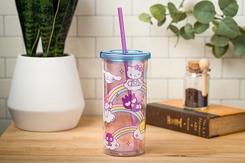 Image of Silver Buffalo Hello Kitty FRIENDS Rainbows Clouds, Plastic Cold Cup, 20oz | Tall, Includes Lid and Straw, Sanrio, 0.59 Liters
