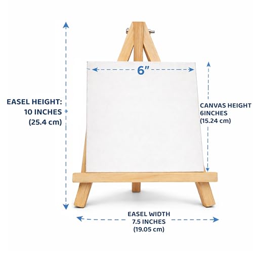 Image of 10 inch Inch Wooden Easel Stand with 6 inch Canvas - Premium Pine Wood Build | Smooth Rounded Top Finish | Rust-Free Brass Hinges | Tabletop Display for Canvas, Photos & Cards (2)