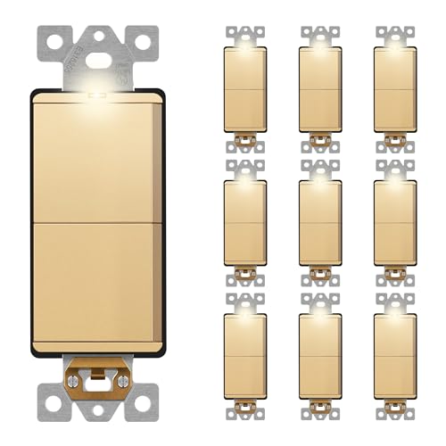 Image of LIDER Minimalist Design Lighted Double Switch, Combination Frameless Decorator Switch with Locator Light, Ground Terminal, Single Pole, 15A 120-277V, UL Listed, Thermoplastic, Matte Gold, 10-Pack