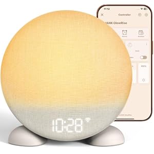 ANJANK App Smart Sunrise Alarm Clock Sound Machine with Wake up Light, Dimmable Clock & Night Light, Up to 15 Alarms, White Noise Machine with 25 Soothing Sounds for Bedroom, Gift for Kids Adults