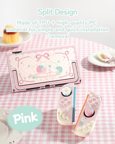 Image of GeekShare Strawberries with Cream Case Compatible with Switch 2, Slim Separable Soft Silicone Protective Shell with 2 Thumb Grip Caps -- Pink