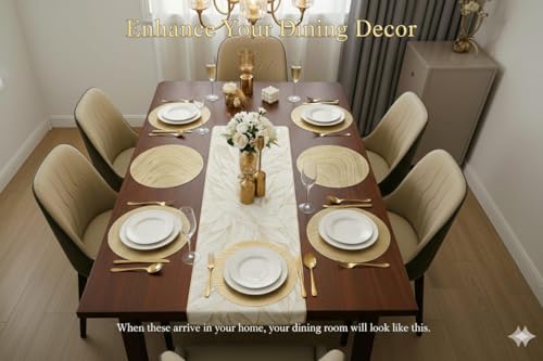 Image of Dining Table Mat and Runner Set for Home Kitchen Reusable Placemat Combo Set for Everyday Dining Use and Table Setup (Golden Orbit + Modern ractangle, Pack of 9 (8+1))