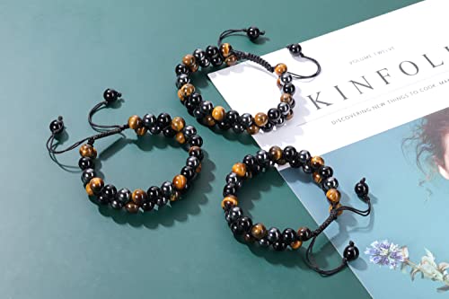 Jovivi 8mm/10mm Mens Natural Hematite Black Obsidian Tiger Eye Crystal Stone Bracelet Lava Rock Beads Anxiety Bracelets,Round Gemstone Healing Crystals Bracelet for Men Women Good Luck3