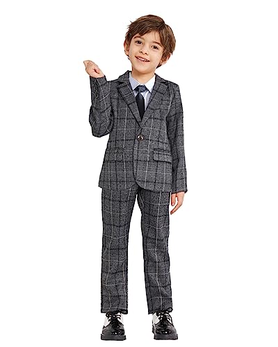 Kids Boys Plaid Suit Fashion Blazer Pants Set 2 Piece Formal Wear Outfit For Wedding(Grey, 8-9) #TOP20