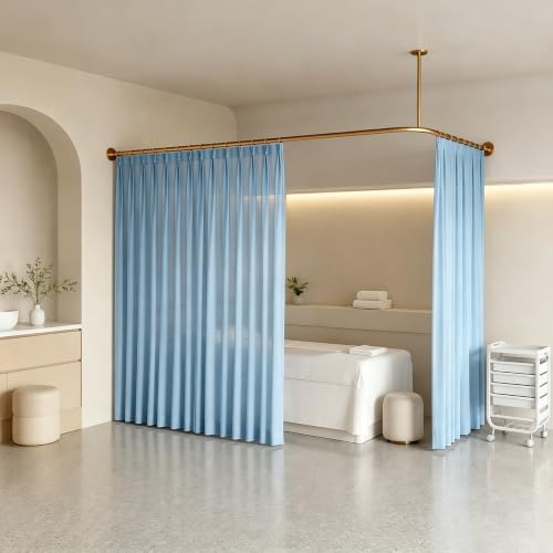 Separadores de ambientes con barra dorada en L y cortina azul de 2 m 2