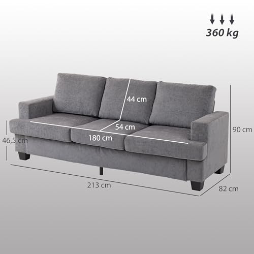 HOMCOM 3-Sitzer Sofa, Couch mit Armlehnen, Loungesofa mit Chenille-Optik, Stahlrahmen, Gepolstert Polstersofa für Wohnzimmer, Schlafzimmer 213 x 82 x 90 cm, Grau – Bild 4