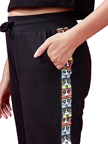 Image of The Souled Store Official Powerpuff Girls: The Trio Womens and Girls Striped Cotton Joggers Black