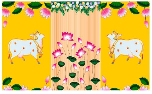 Image of Cow backdrops for Pooja Decoration | Lotus Cow poojas pichwai Backdrop Traditional | Lakshmi Backdrop Cloth for Decoration Pooja | Lakshmi puja Backdrop 5x8 feet