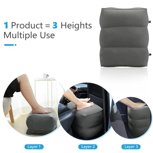 Image of Inflatable Travel Foot Rest Pillow - 3-Layer Adjustable Height Leg Rest for Airplane, Car, Office & Toddler Flight Seat Extender - Soft Flocked PVC, Portable with Pump & Dust Bag (Pack of 2, Dark Grey)