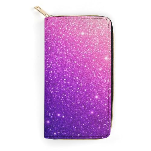 Long PU Zipper Wallet, Travel Purse Fashion Design, Huge Storage Capacity Wallet, Cute Decor Purse For Men And Women Beautiful Purple Shining Glitter Sparkles Pattern