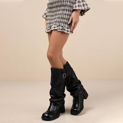 Image of Goolita Women's Buckle Biker Knee High Boots Square Toe Chunky Heel Star Moto Mid Calf Boots Slip On Motorcycle Riding Boot