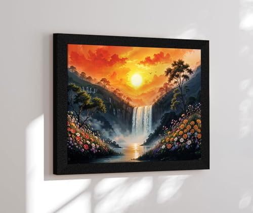 Image of ArtX Paper Rising Sun Painting For Vastu, Small Size Wall Art Scenery, Water Stream, Waterfall Painting Vastu, Rising Sun Wall Decor, Multicolor, Nature, 13.0 X 10.0 Inch, Set of 1