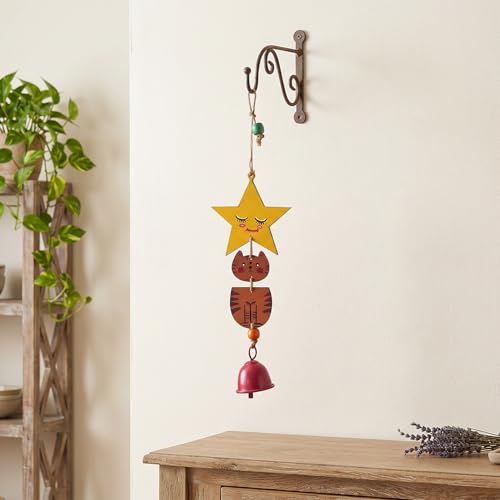 Image of Aakriti Art Creations Orange Kitty Wind Chime Multicolor | Handmade Modern Art Wooden & Metal Wind Chime | Matte Decorative Wind Chimes for Balcony, Garden, Living Room & Gifting