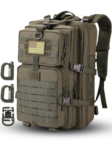 Hannibal Tactical MOLLE Assault Backpack, Tactical Backpack Military Army Camping Rucksack, 3-Day Pack Trip w/USA Flag Patch, D-Rings, Olive