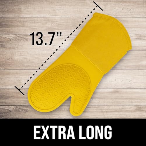 Image of BPA-Free Soft Silicone Oven Mitts - Ultra Heat Resistant Oven Mitts with Thick Cotton Liner - Long Slip Resistant Pot Holders, Flexible Oven Gloves - Yellow 13.7 inch