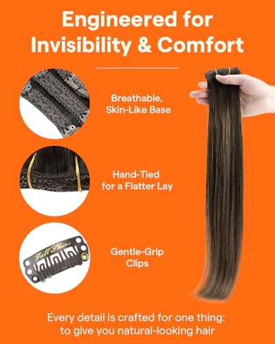 Image of Full Shine Dark Brown Balayage Clip in Extensions Real Human Hair, 12 Inch | 3 Pcs 60g, Clip in Hair Extensions, Lightweight Comfortable Wear