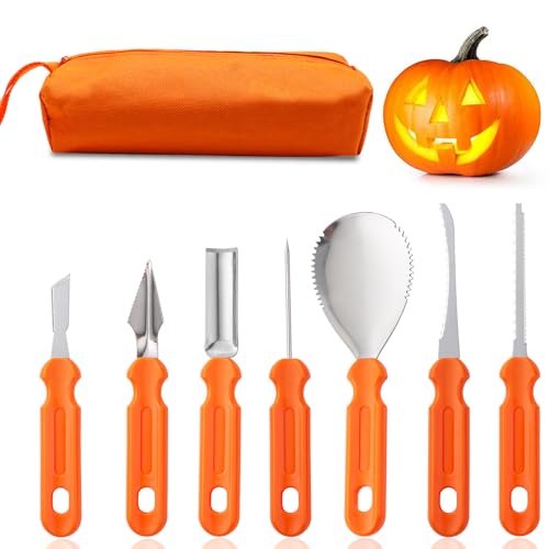 Halloween Pumpkin Carving Kit, Professional Heavy Duty Carving Set, Stainless Steel Pumpkin Carving Tools for Halloween, Jack-O-Lantern Decoration Sculpting Set for Adults and Kids(7 PCS)