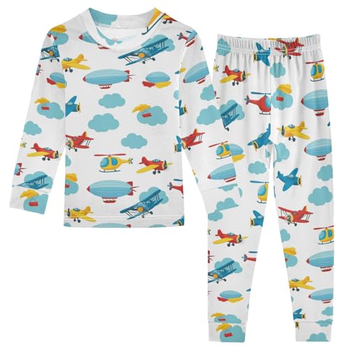 Pajama Sets Long Sleeve Airplane Helicopter Clouds Pattern Soft Comfy Sleepwear 2 Piece PJS 3-8T