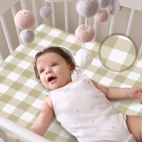 Image of VitalCozy 4 Pcs Checkered Khaki Crib Sheet Set Newborn Bedding Nursery Baby Sheets for Girl Boys Baby Gifts for Standard Crib and Toddler Mattresses, 52 x 28 x 8 Inches