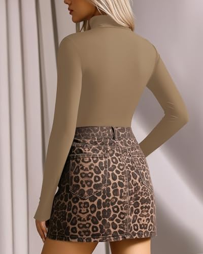 Image of MANGOPOP Women's Mock Neck /Turtle Neck Long Sleeve Modal Bodysuit Jumpsuit (Mock Neck - Tan, Medium)