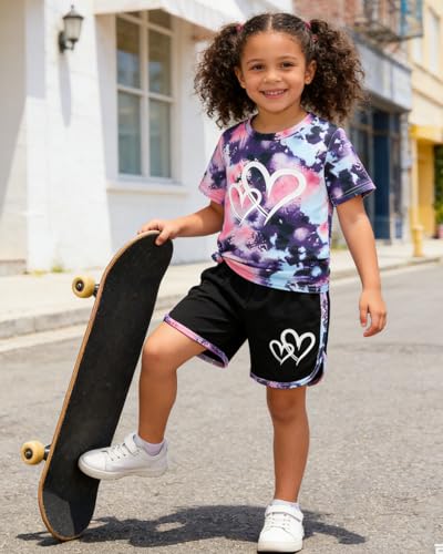 Image of Kids Girl Clothes Tie Dye Heart Print Short Sleeve Top and Shorts Toddler Girl Summer Outfits Short Set