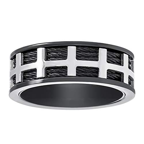Steve Madden Black IP Plated Stainless Steel Cross Cable Wedding Band Ring for Men (Size 10)