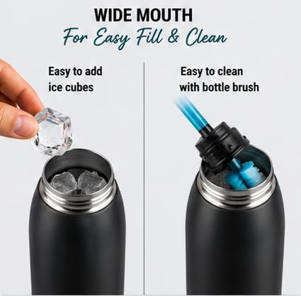 Image of CELLO Puro Steel-X Flint 900 Insulated Water Bottle 650 ml, Black | Easy Press Open Flip Top, Easy to Carry with Handle Leak Proof Inner Steel Water Bottle for School Kids, Office Gym Travel Trekking