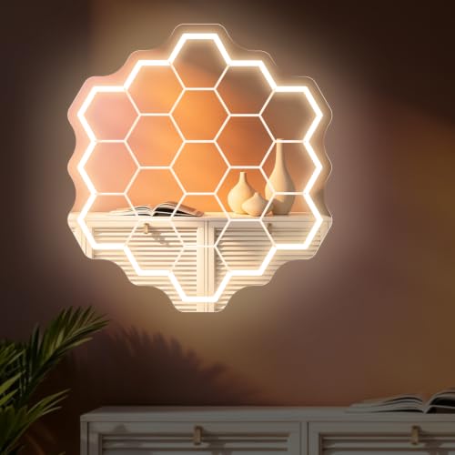 Image of Colmena Mirror Neon Sign, Hexagon Mirror LED Light | USB Powered Dimmable Mirror Light, Aesthetic Wall Art for Bedroom Entrance Home Party Decoration Gift, 14.4 inchx13.4 inch
