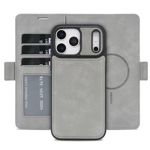 強力マグネット 2in1 手帳型 iPhone 17 Pro Max 用 ケース Magsafe対応 カード収納 3枚 耐衝撃 薄型 軽量 TPU アイフォン17プロマックス カバー (グレー, iPhone 17 Pro Max)