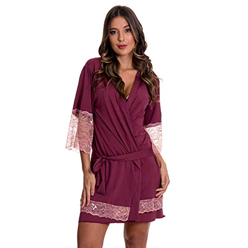 Camisola Amamentação com Robe Gestante de Manga 7/8 em Microfibra e Renda Estilo Sedutor - DR202-301