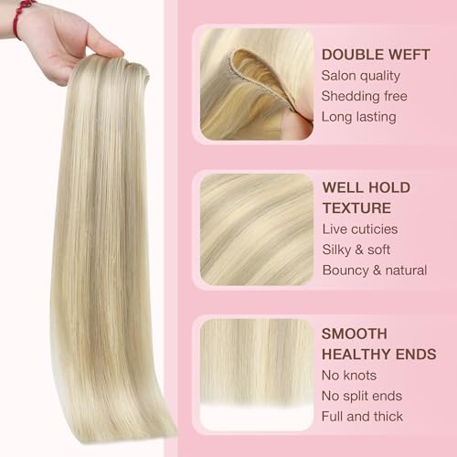 Image of GOO GOO Sew in Hair Extensions Real Human Hair, Weft Hair Extensions Human Hair, 17A /60A Ash Blonde Highlighted Platinum Blonde 20inch 130g, Weft Bundles Straight Silky Remy Hair
