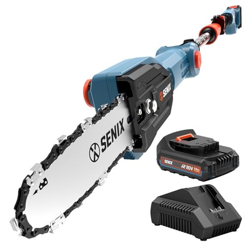 SENIX 20V Cordless Pole Saw, 8 Inch Telescopic Electric Pole ChainSaw with Articulating Head, 2.5Ah Battery & Charger Included for Tree Trimming, Pruning, and Cutting 20V Saw