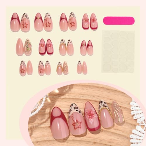 Image of Flower Press on Nails French Tip Fake Nails Medium Almond False Nail Glossy Full Cover Gold Rose Glue on Nail Press ons for Women Girls Manicure 24Pcs