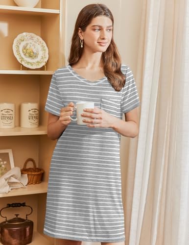 Image of Ekouaer Nightgowns for Women Short Sleeve Sleep Shirts V Neck Nightshirts Soft Sleepshirt Caual T Shirt Sleepdress