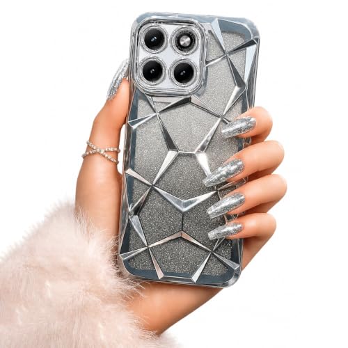 Image of VONZEE Gradient Glitter Case for Moto Edge 70 Fusion, Luxury Electroplated 3D Cube, Diamond Bling Shiny Soft TPU Clear Shockproof Women Girls Protective Phone Cover (Silver)