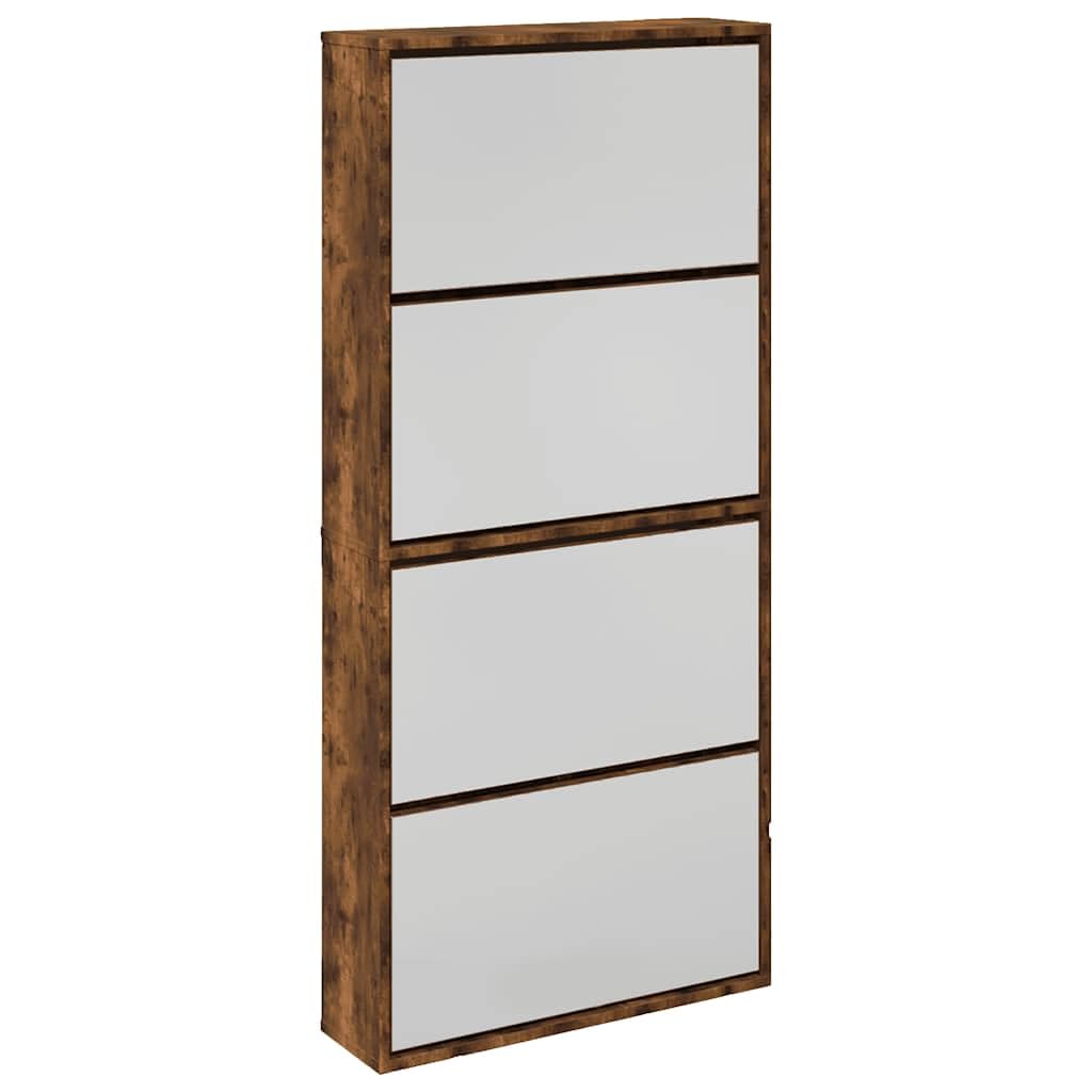 Zapatero con espejo, 4 compartimentos, roble ahumado, moderno zapatero con compartimentos basculantes para pasillo y salón, 63 x 17 x 134 cm, madera estable