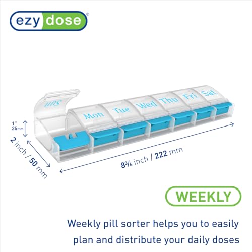 Image of Ezy Dose Weekly (7-Day) Pill Organizer, X-Large Medicine Case, Blue /Clear | Daily Vitamin & Supplement Planner, Spacious Push-Button Compartments, Convenient & Easy to Use, Travel-Friendly, BPA-Free
