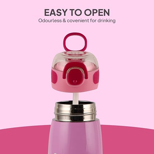 Image of Cello Kidzbee Flare 450 Insulated Stainless Steel Sipper Water Bottle 444 ml, Light Pink | Mickey Minnie Cartoon Design Hot & Cold Bottle | Vacuum Insulated Leakproof Easy to Carry Bottle for Kids