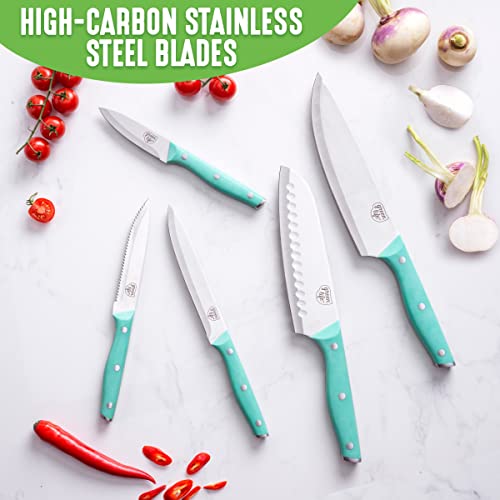 Greenlife High Carbon Stainless Steel 5 Piece Knife Set With Covers, Includes Chef Santoku Serrated Utility And Pairing, Comfort Grip Handles, Triple Rivet Cutlery, Turquoise #TOP1