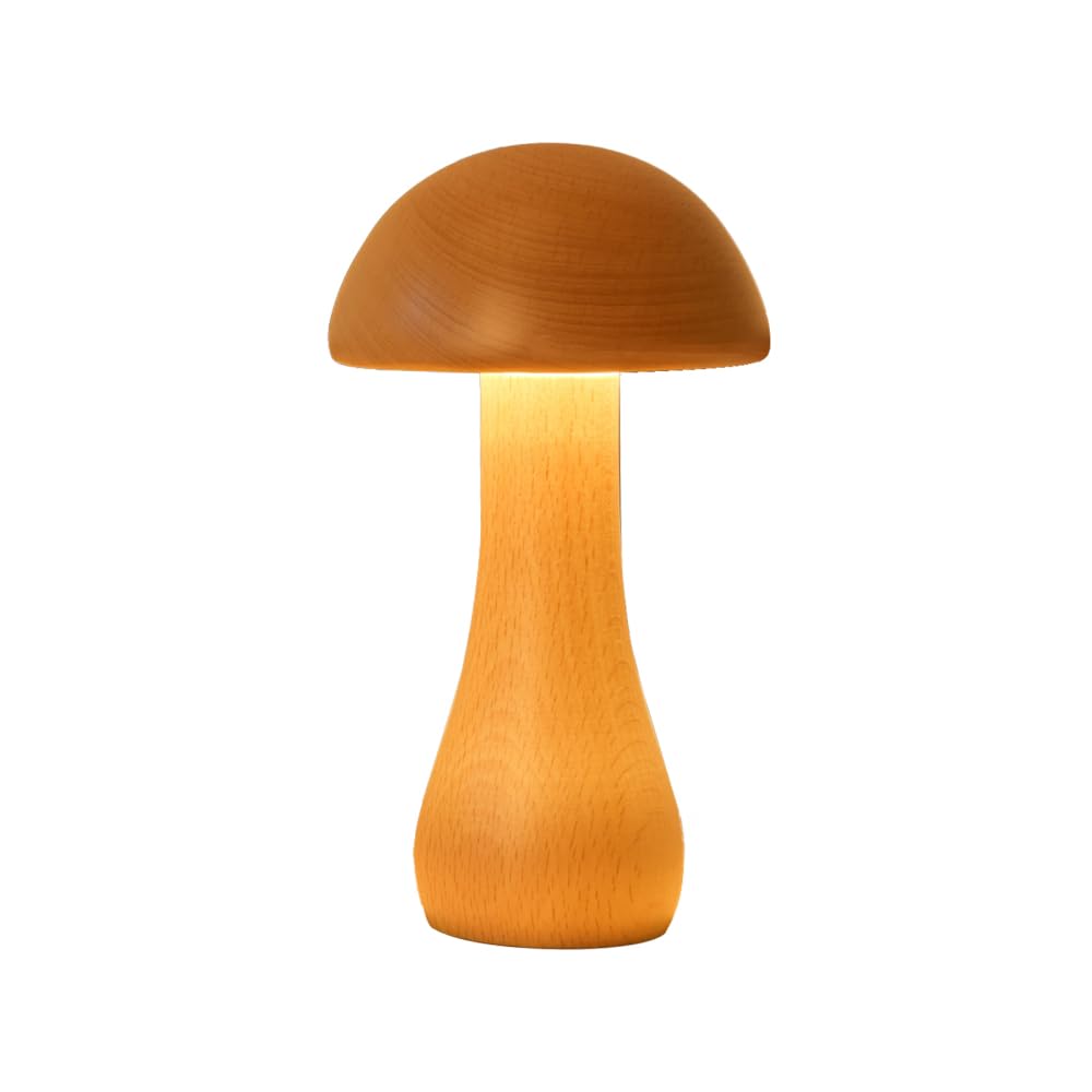 BDKMMS Wooden Mushroom Lamp, Cordless Nightstand Light with 5-Speed Brightness, Rechargeable Table Night Lamp for Bedroom Living Room