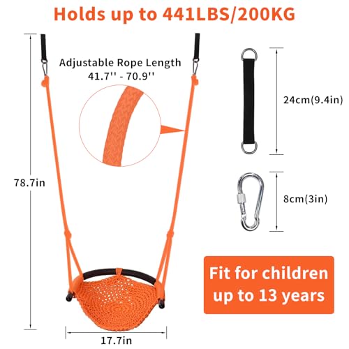 Image of Hi-Na Kids Swing for Swing Set, Heavy Duty Rope Swings with Snap Hooks and Straps, 440LBS Capacity, Toddler Swing Seat for Indoor Porch, Outdoor Playground, Tree, Orange
