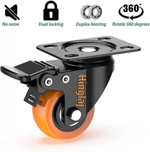 Image of ROLLEASE 1.5 inch 38mm Heavy Duty Caster Wheels Set of 4 | 2 with Brakes & 2 Without Brakes | Soft Rubber Swivel Casters with 360 Rotation | Locking Wheels for Furniture, Baby Bed, Cabinet - Orange