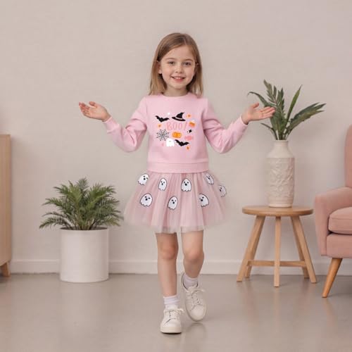 Toddler Baby Girl Halloween Outfits Long Sleeve Letter Ghost Embroidery Sweatshirt A-line Tulle Skirt with Headband3