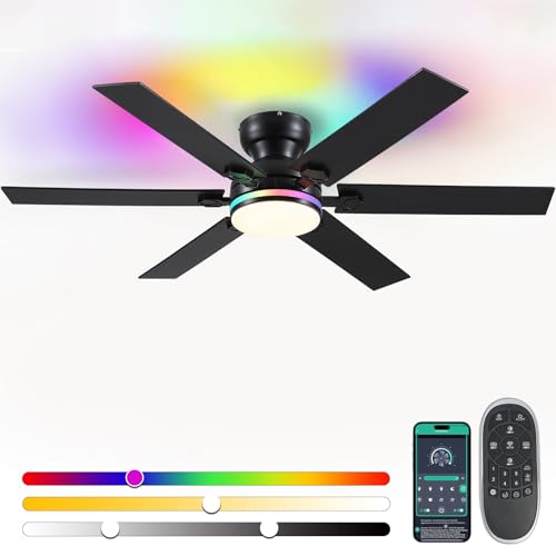 Image of 52 inch RGB Ceiling Fans with Lights and Remote /APP,Black Low Profile Ceiling Fans with Quiet Reversible DC Motor,Modern Flush Mount Fans Light for Bedroom Kids Room