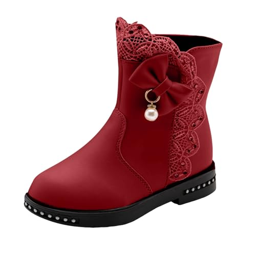 Girls Winter Boots Kids Side Zipper Princess Dress Boots Pearl Bowknot Lace Warm Walking Shoes Fleece Lined Boots