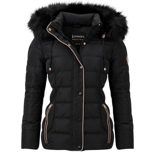 Image of Spindle Womens Luxury Hooded Short Fur Parka Quilted Puffer Jacket Black 14