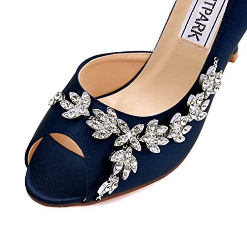 Image of ELEGANTPARK Peep Toe Heels for Women, Satin Rhinestones Dress Wedding Shoes