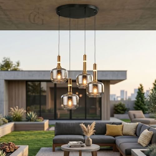 Image of Set of 4-Heads Box-Shaped Glass Hanging Pendant Light|Modern Cube Cluster Ceiling Lamp with Metal Base|Smoke-Glass for Living Room, Dining & Cafe