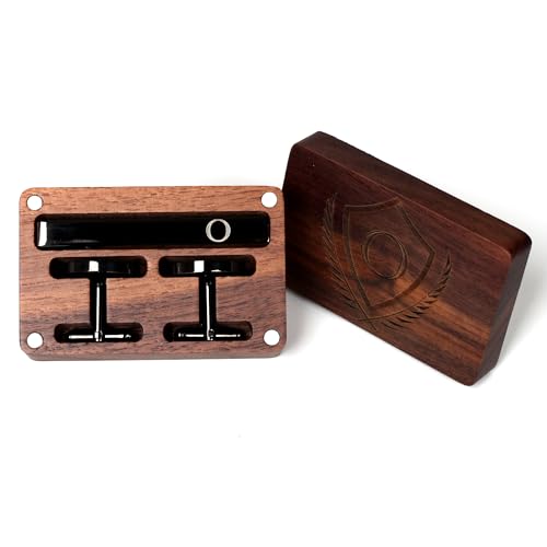 Image of Mens Initial Cufflinks and Tie Clip A-Z Alphabet Letter Black Stainless Cuff Links Tie Bar with Engraved Walnut Wood Box Groom Groomsman Wedding Set