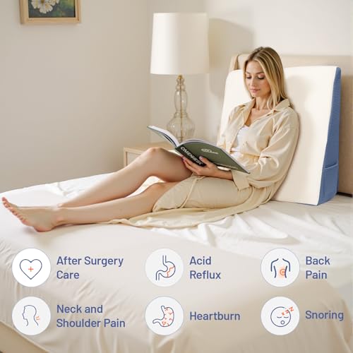 Wedge Pillow for Headboard, 12’’ Triangle Elevated Bed Wedge Pillow for Acid Reflux Relief, Sleeping, Post Surgery, Back Pain Relief, Snoring, Soft Memory Foam Top & Washable Breathable Cover, Blue